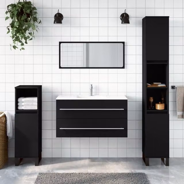 Berkfield Home Wall Mounted Black Matt Bathroom Cabinet with Mirror and Hinged Doors