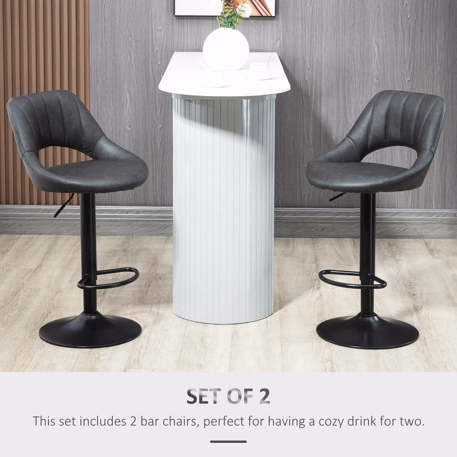 HOMCOM Set of 2 Adjustable Swivel Bar Stools in Grey and Black Synthetic Leather – 4
