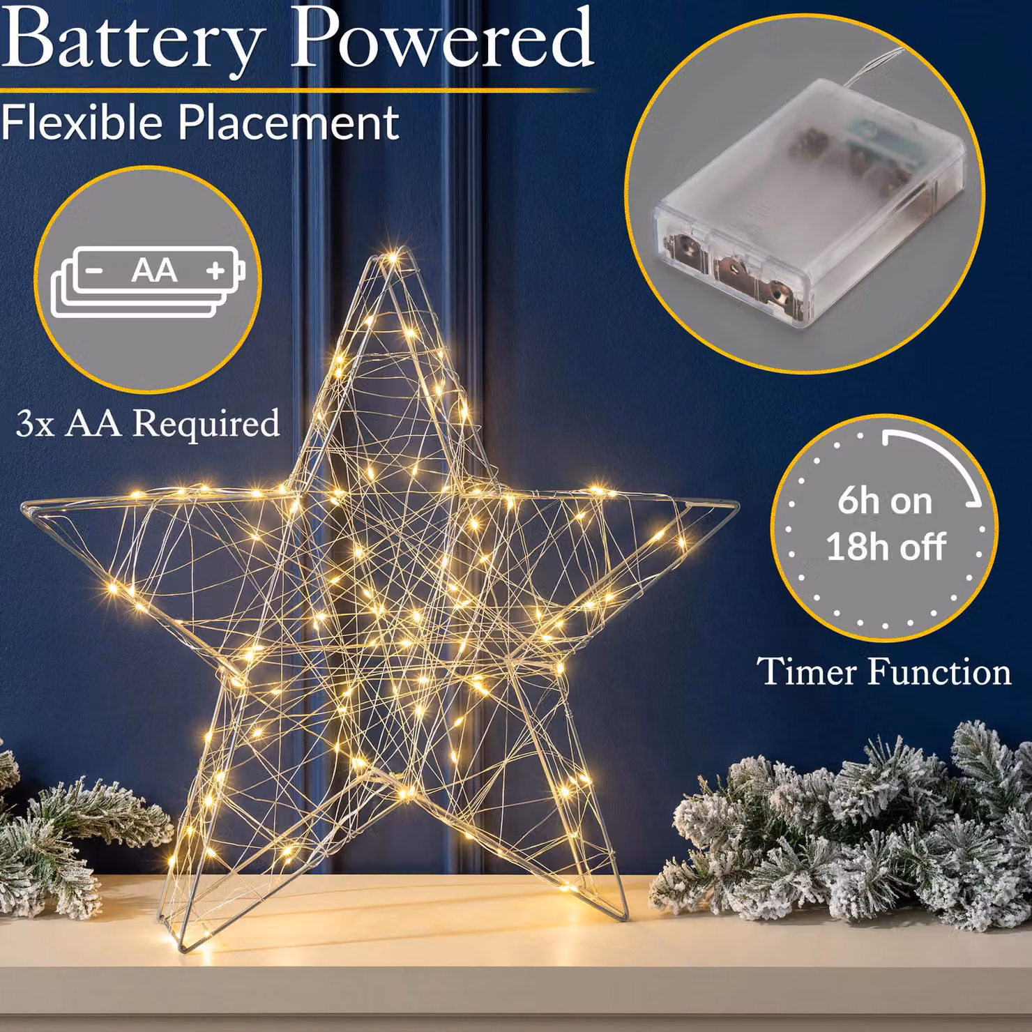 Christow Silver Micro LED Light Up Star Christmas Ornament, Battery Operated, Height: 35 cm – 3