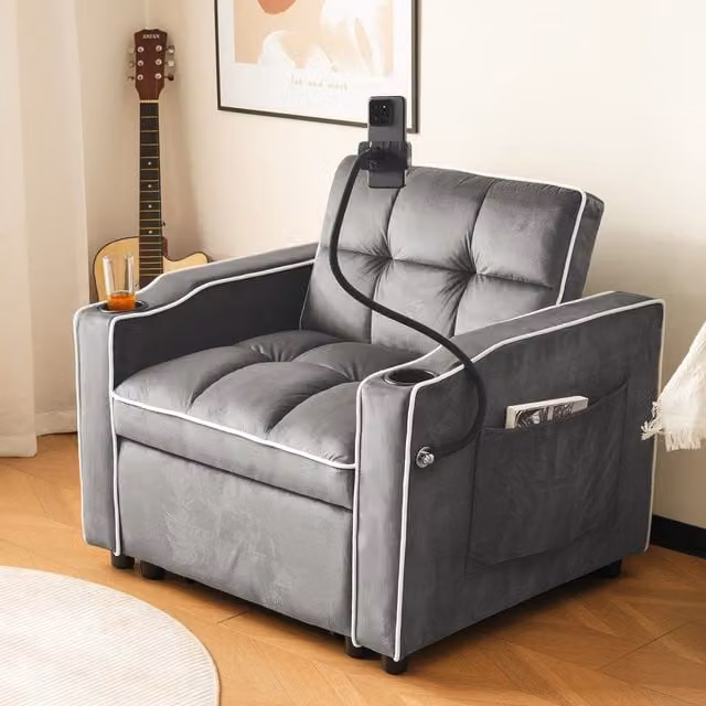 Aosom UK 3-in-1 Expandable Single Sofa Bed with 2 Drink Holders and Phone Holder, Dark Grey Recliner Chair, W/D/H: 167 x 83 x 76 cm