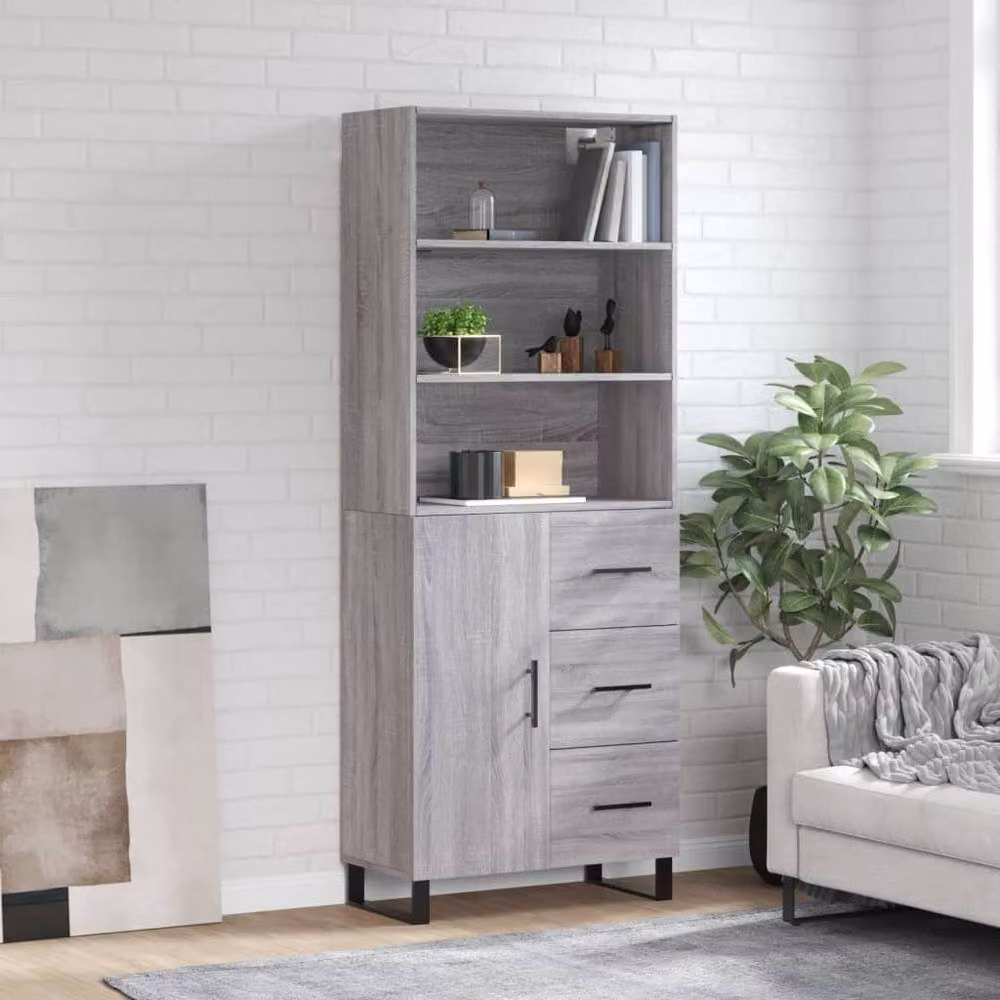 Berkfield Home Grey Sonoma Highboard with Hinged Doors and Internal Shelves, H 180 x W 69.5 x D 34 cm – 2