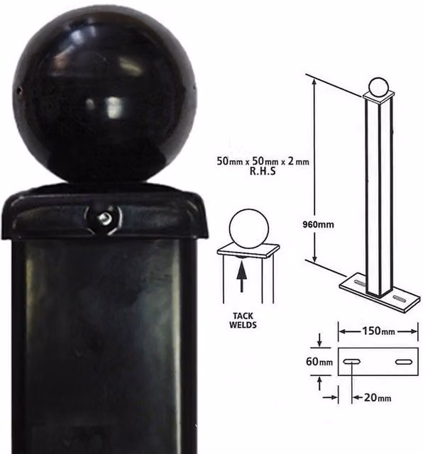 Burbage Iron Craft Square Ball Top Bolt-Down Blank Post in Black Steel, W: 5 cm, D: 5 cm, H: 96 cm