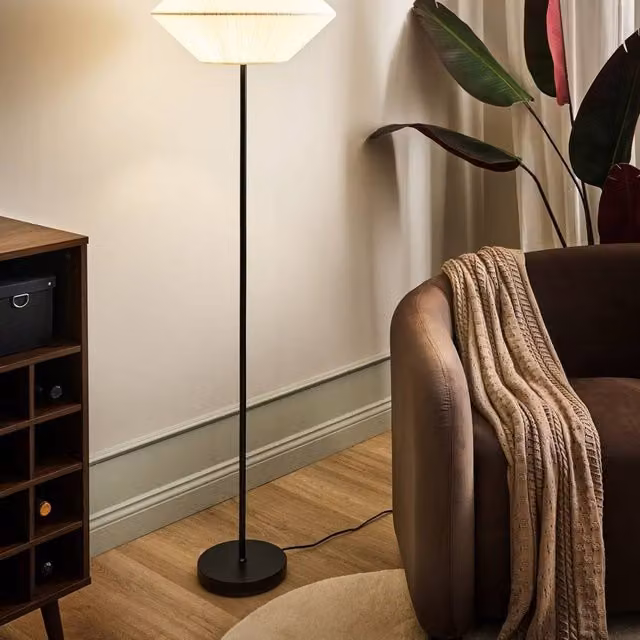 Wyld and Coco Minimalist Floor Lamp with White Fabric Pleated Shade and Black Metal Base, Height: 150 cm – 1