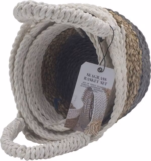 KDMK Seagrass Basket Set with Handles, Open Weave, Grey and White