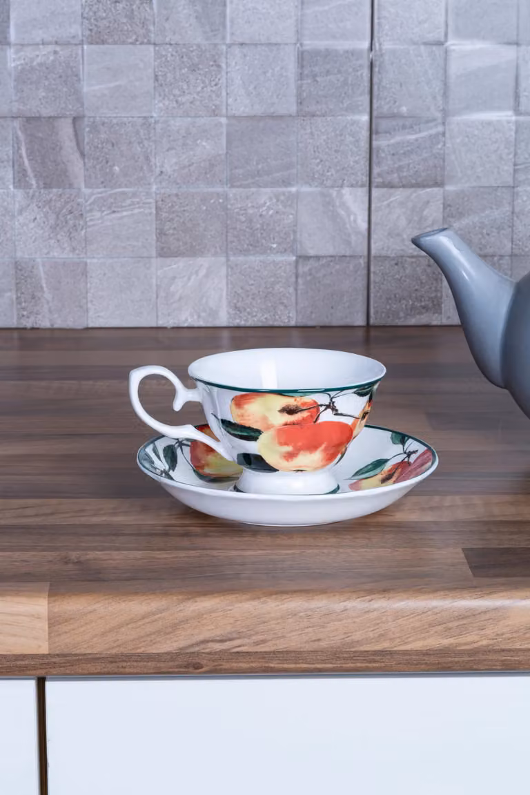 Orsina Apple Design Bone China Cup and Saucer Set in White and Multicolour Floral Pattern