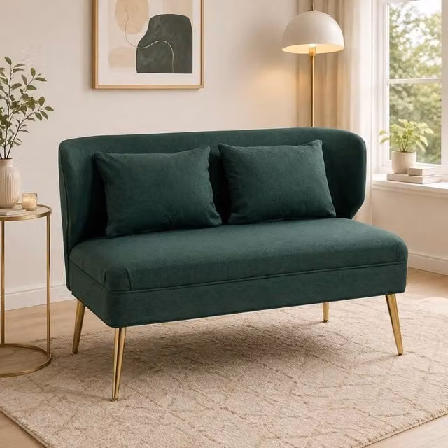 STILVORA 2 Seater Wing Back Sofa in Green with Metal Legs and Scatter Cushions – 1