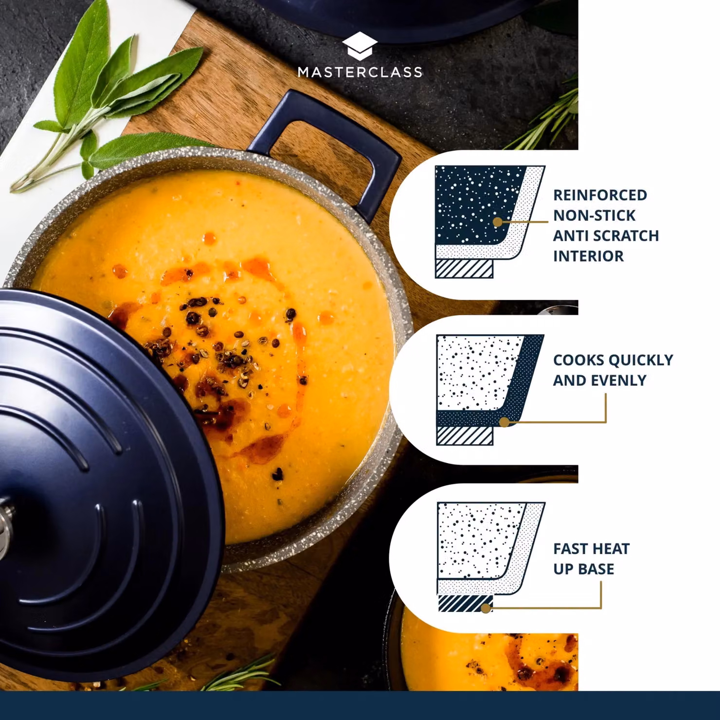 MasterClass Non-Stick Aluminium Casserole Dish with Lid, 2.5 l, Blue – 4