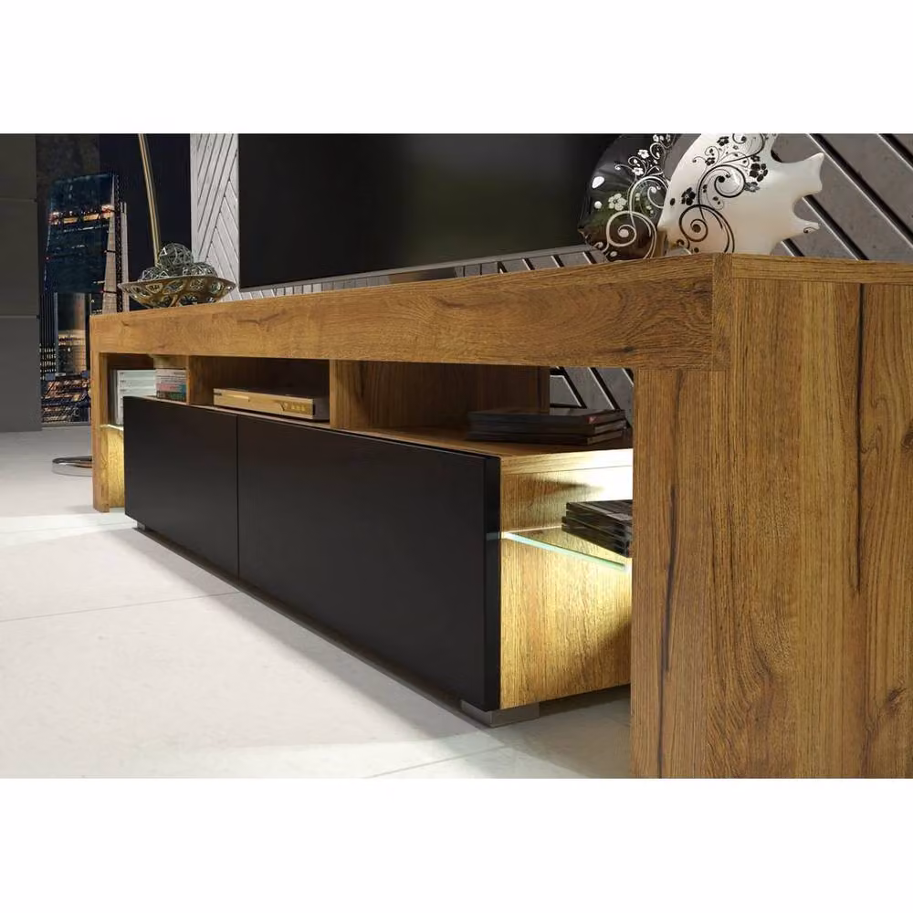 PAWNORA Modern Brown Oak TV Unit and Sideboard Cabinet with Glass and Wood Details – 3
