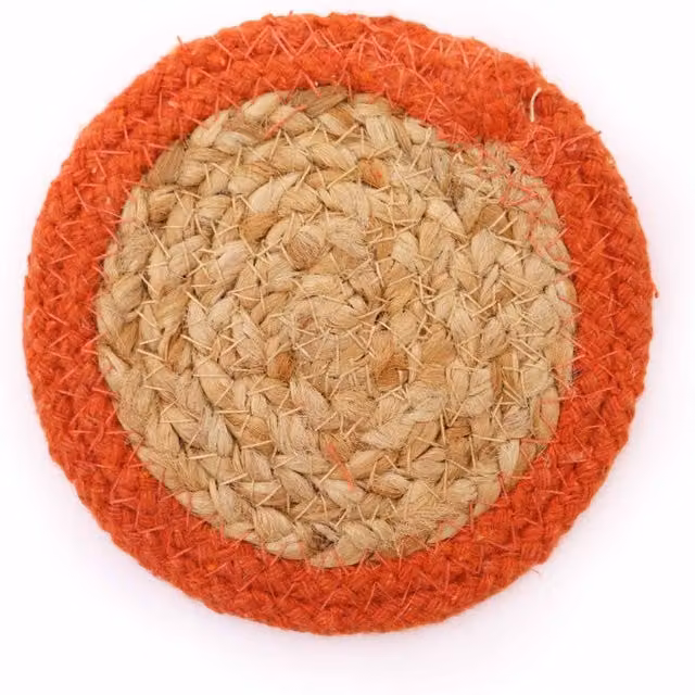 KDMD Natural Jute and Cotton Coaster Set of 4 with Red Clay Border, Diameter: 10 cm
