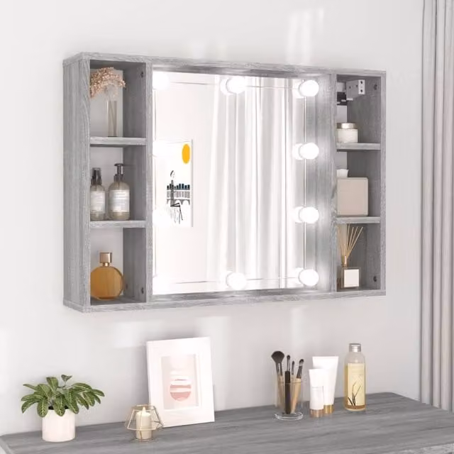 Berkfield Home LED Mirror Cabinet in Grey Sonoma, W/D/H: 76 x 15 x 55 cm