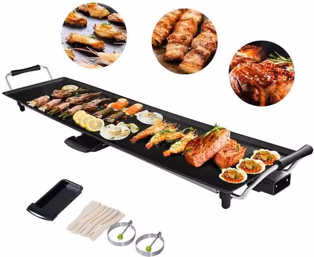 Costway Electric Teppanyaki Tabletop Grill in Black with 2000W Non-Stick Griddle and Adjustable Thermostat, W: 48 cm, D: 27 cm – 1
