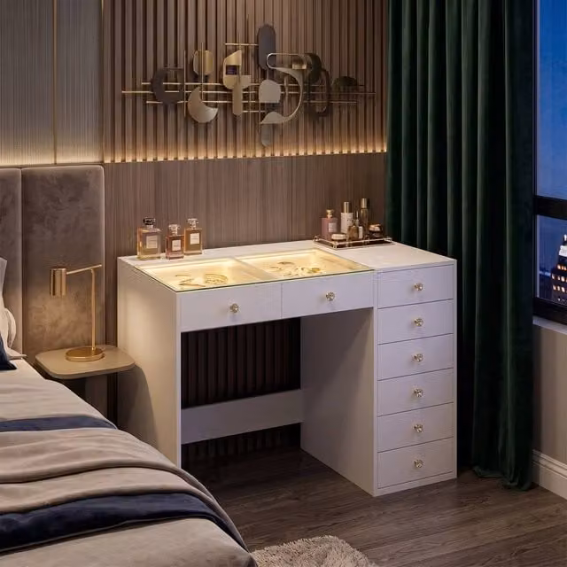 FENCHILIN 8-Drawer Vanity Dressing Table with LED Lights, White, W/D/H: 120 x 55 x 81 cm
