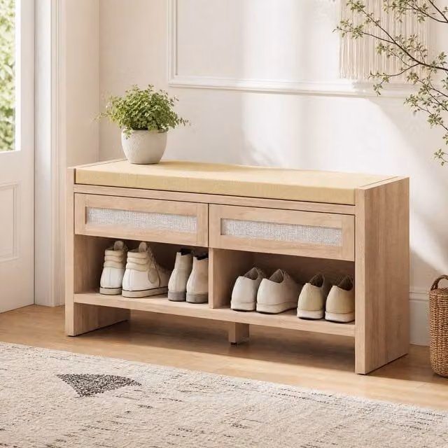 STILVORA Boho Shoe Bench with 2 Drawers and Open Shelf in Brown Rattan and Wood