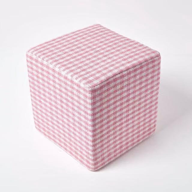 Homescapes Pink and Blue Checked Cotton Cube Pouffe
