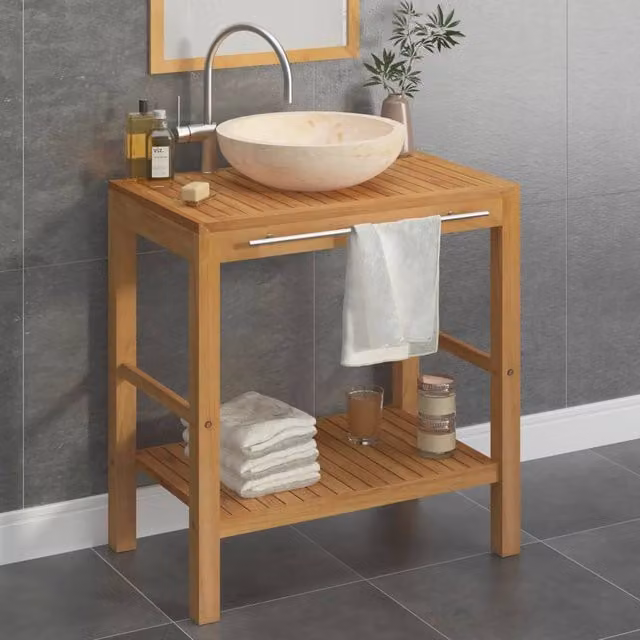 Berkfield Home Solid Teak Bathroom Vanity Cabinet with Cream Marble Sink in Brown – 1