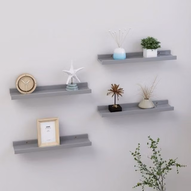 Berkfield Home Wall Mounted Shelves, 4 Piece Set, Grey, W: 40 cm, D: 9 cm, H: 3 cm