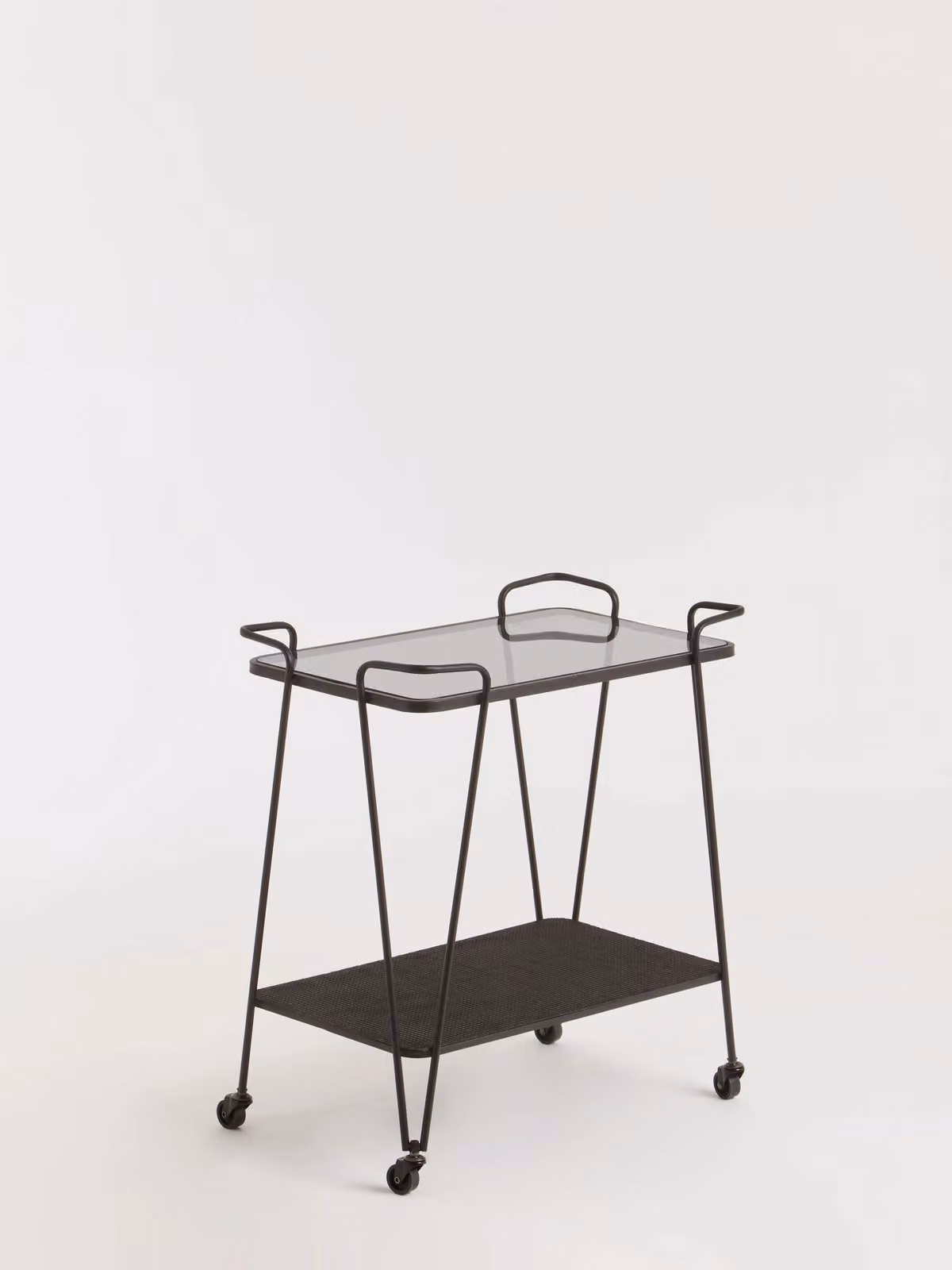 Orsina Grey Glass and Black Metal Two-Tier Bar Cart with Wheels – 3