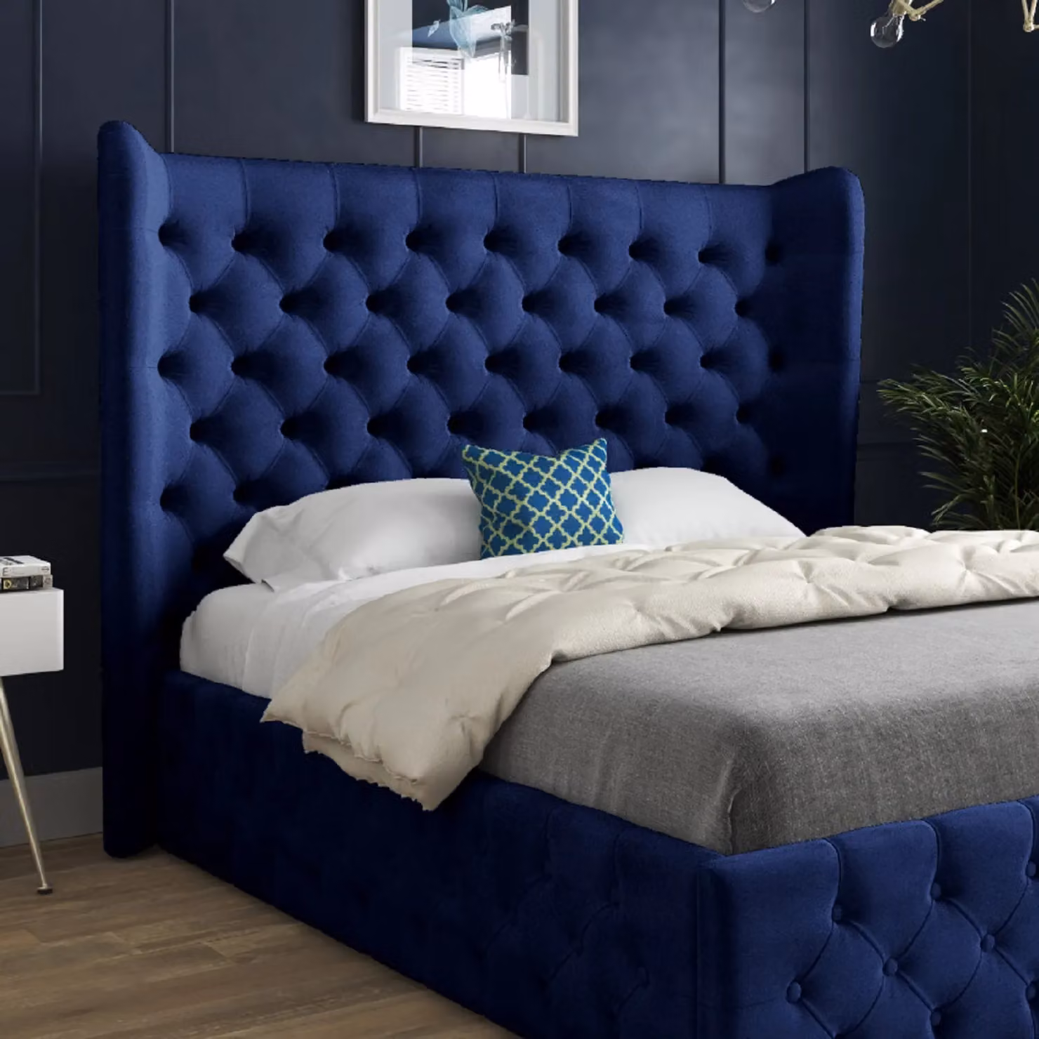 KDMD Dreamer Wide Winged Upholstered Soft Velvet Designer Bed Frame in Blue, Super King, W/D/H: 220 x 200 x 137 cm – 3