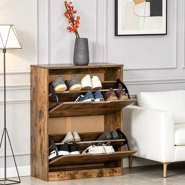 ERGOVEXA Industrial Slim Shoe Cabinet with 2 Tilting Drawers in Rustic Brown – 1