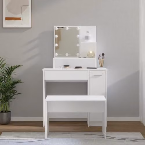 vidaXL Dressing Table Set with LED Mirror in White Matt MDF – 2