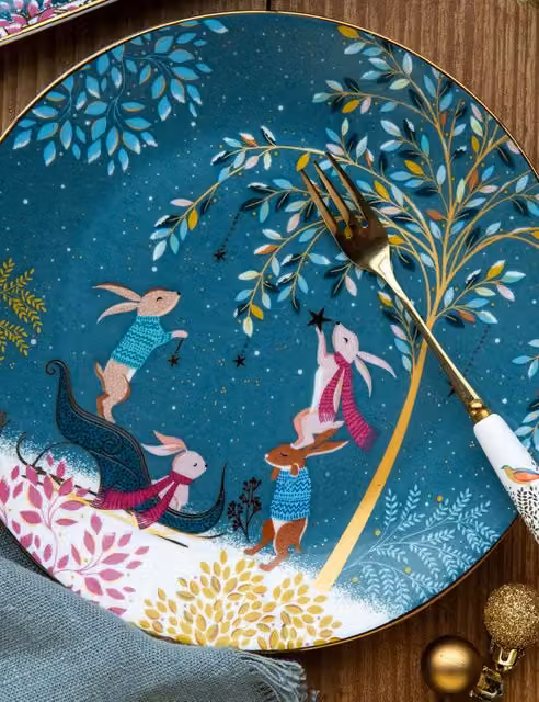 Sara Miller Woodland Tales Bone China Side Plate Set of 4, Multicolour and Gold