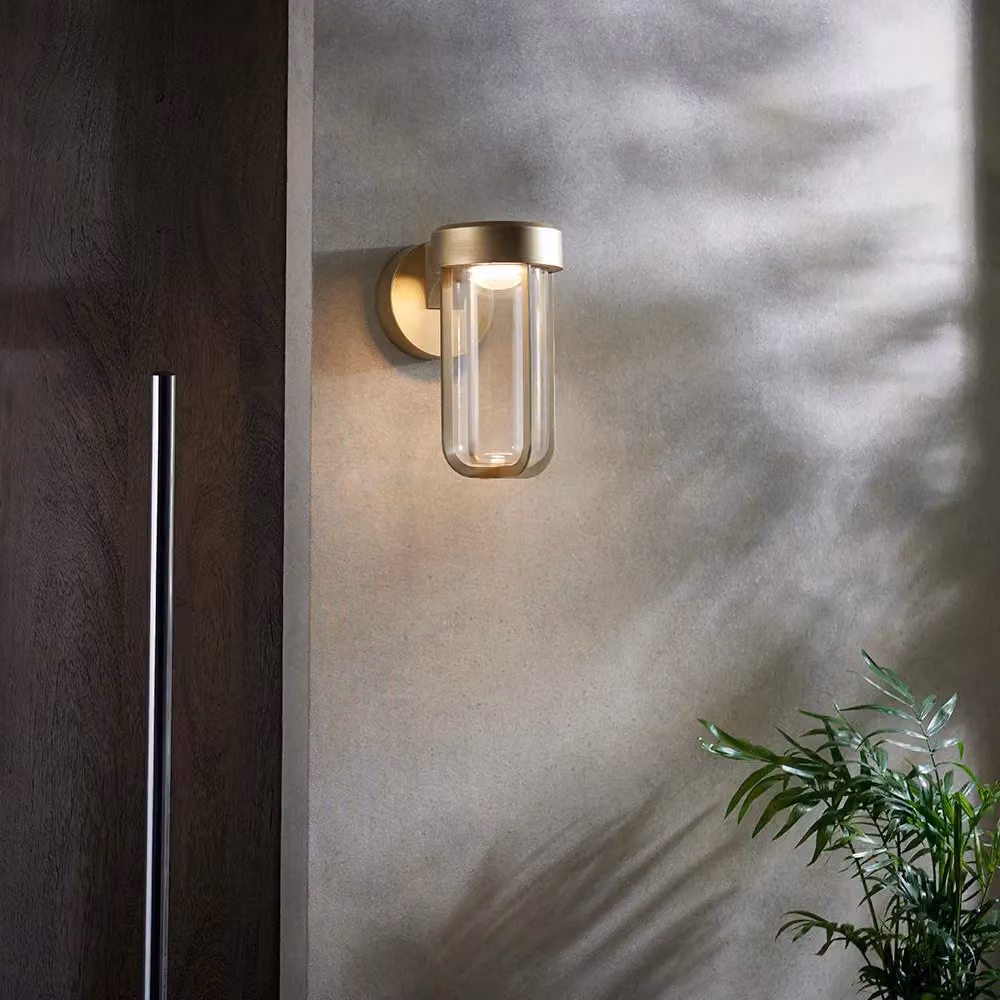 Loops Gold/Brass Outdoor Wall Light with Transparent Glass Shade, IP44 Rated, Integrated Warm White LED – 2