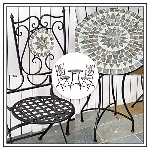 Outsunny 3 Piece Mosaic Tile Garden Bistro Set with Table and 2 Folding Chairs, Grey – 3