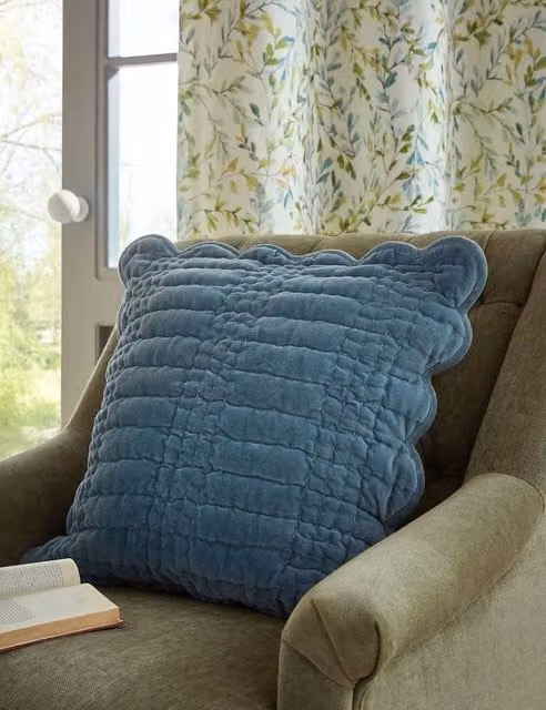 Laura Ashley Velvet Scalloped Square Cushion in Light Blue