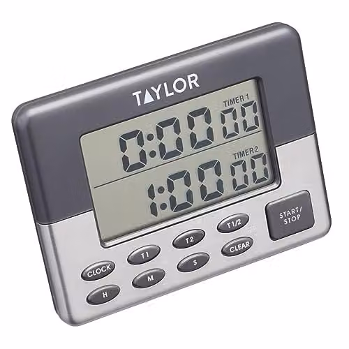 Taylor Pro Stainless Steel Dual Event Digital Kitchen Timer with Stopwatch and Countdown Function in Black, Grey and Silver – 1