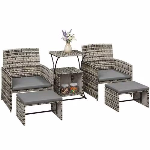 Outsunny 6 Piece L-Shape Rattan Garden Furniture Set with Upholstered Cushions and Coffee Table in Grey