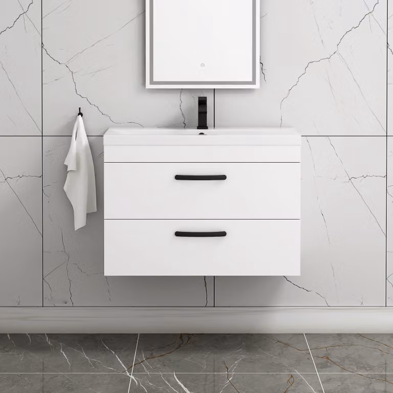 Royal Bathrooms Turin 800mm Wall Hung Vanity Unit in Gloss White with 2 Drawers and Matt Black Handles