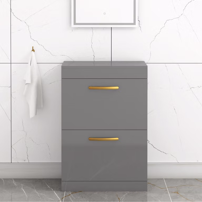 Royal Bathrooms Turin 600mm Indigo Grey Gloss Floor Standing 2 Drawer Worktop Vanity Unit with Brushed Brass Handle