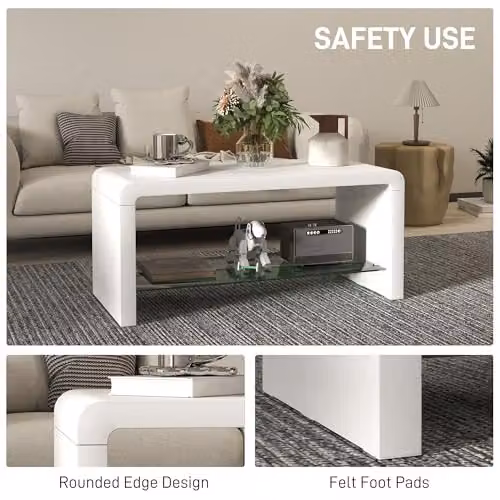 HOMCOM Modern High Gloss White Coffee Table with Rounded Edges, W/D/H: 100 x 45 x 45 cm – 5