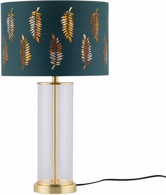 First Choice Lighting Aura Table Lamp in Satin Brass with Green Fern Cut Out Silver Shade