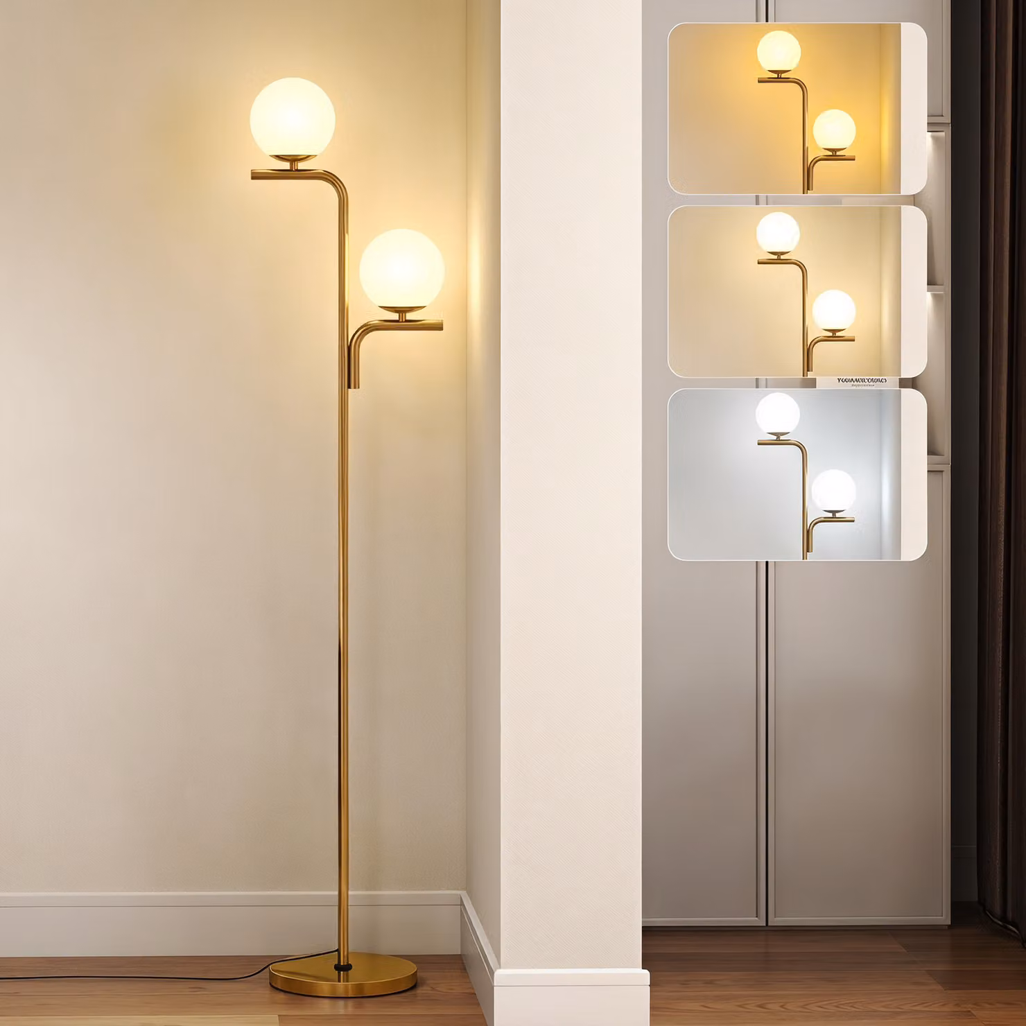 HOMCOM Modern LED Floor Lamp with Gold Tone Finish, Globe Glass Shades and Foot Switch, H 170 x W 28 x D 28 cm – 2