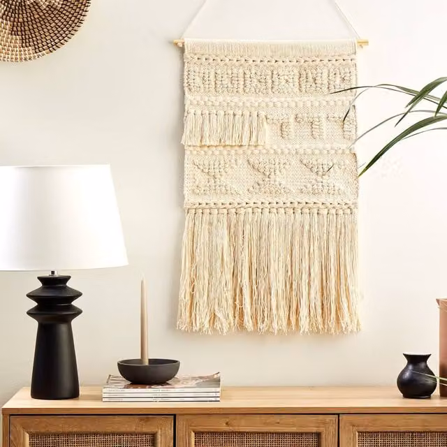 Wyld and Coco Beige Boho Geometric Handwoven Cotton Textile Wall Hanging with Tassels