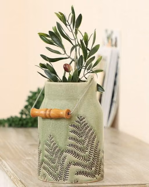 Dibor Traditional Style Green and Brown Ceramic Churn Vase for Indoor Floral Tabletop Decoration – 1