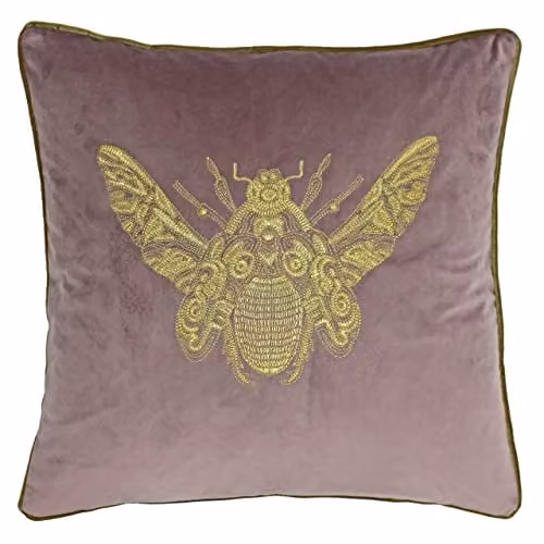 Paoletti Cerana Embroidered Bee Velvet Cushion in Dark Pink and Gold, W/D/H: 50 x 50 x 50 cm
