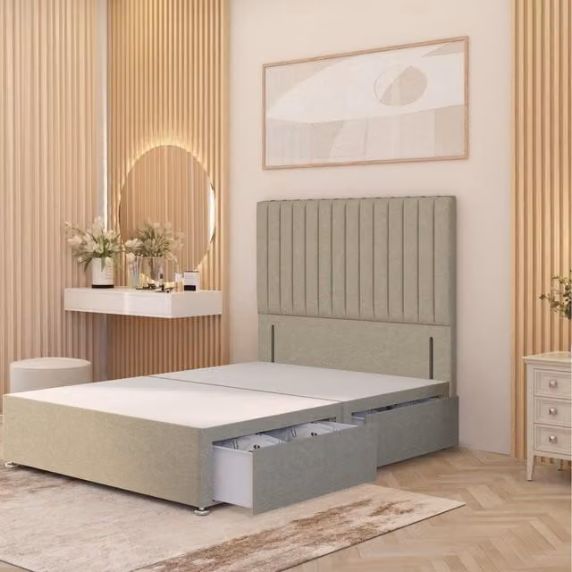 Somnior Beds Ltd Verona Divan Bed Base with Floor Standing Headboard in Beige Linen Fabric, W/D: 90 x 190 cm