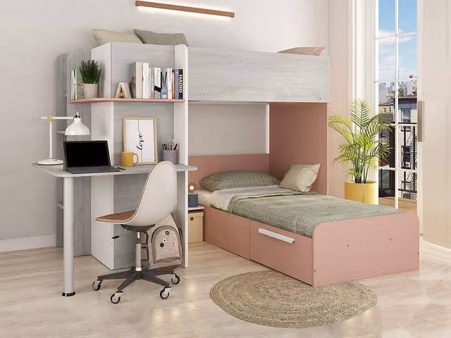 Vente-unique Corner Bunk Beds with Desk and Drawers, Grey, White and Pink, W/D/H: 190 x 90 x 160.1 cm – 1