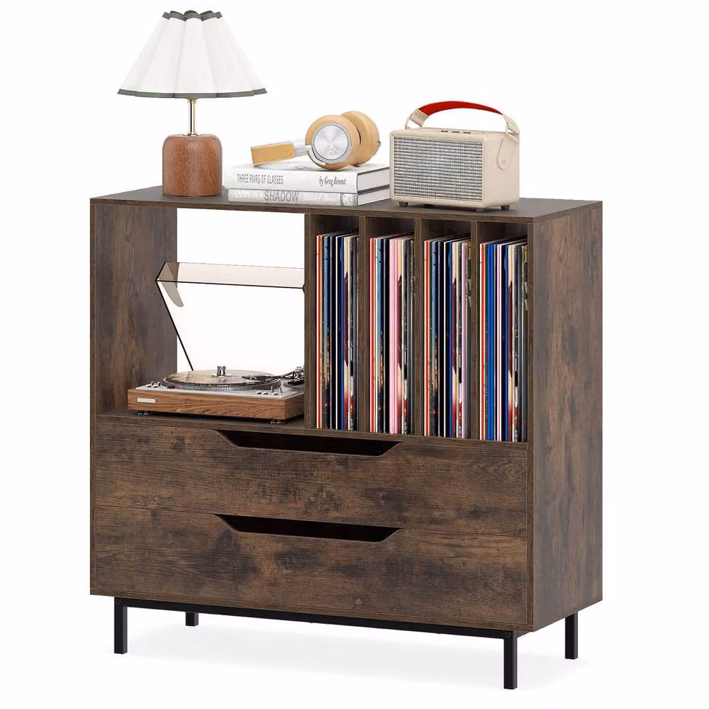 Costway Mid Century Record Player Stand with Open Media Compartment in Brown – 9