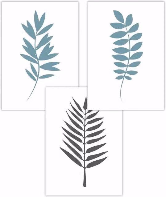 ARTZE Set of 3 Boho Botanical Leaf Art Posters in Blue, Grey and White, W: 30 cm, H: 42 cm