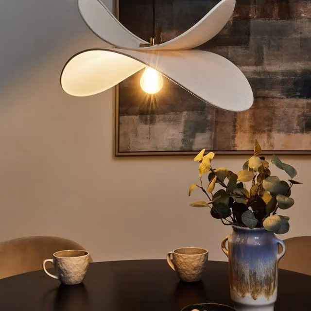 Wyld and Coco Modern Beige Linen and Brass Suspended Pendant Lamp, Height: 105 cm