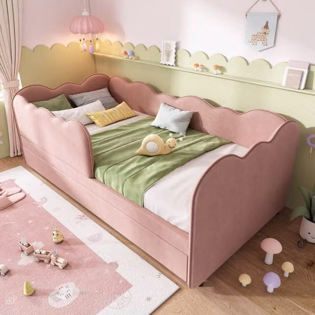 Rolipo Pink Velvet Daybed with Trundle, 3FT Single Upholstered Guest Bed, W/D/H: 90 x 190 x 70 cm
