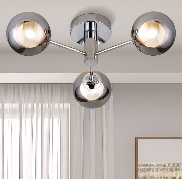 Lighting Collection 3-Light Chrome and Black Ceiling Light with Smokey Grey Glass Shades – 1