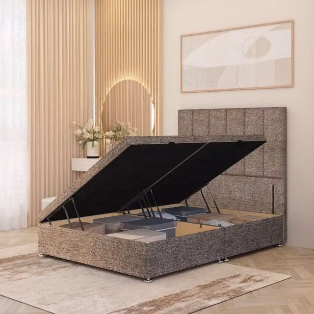 Somnior Beds Ltd Austin Ottoman Bed with Side Opening and Floor Standing Headboard in Brown Tweed Fabric, W/D/H: 120 x 193 x 123 cm