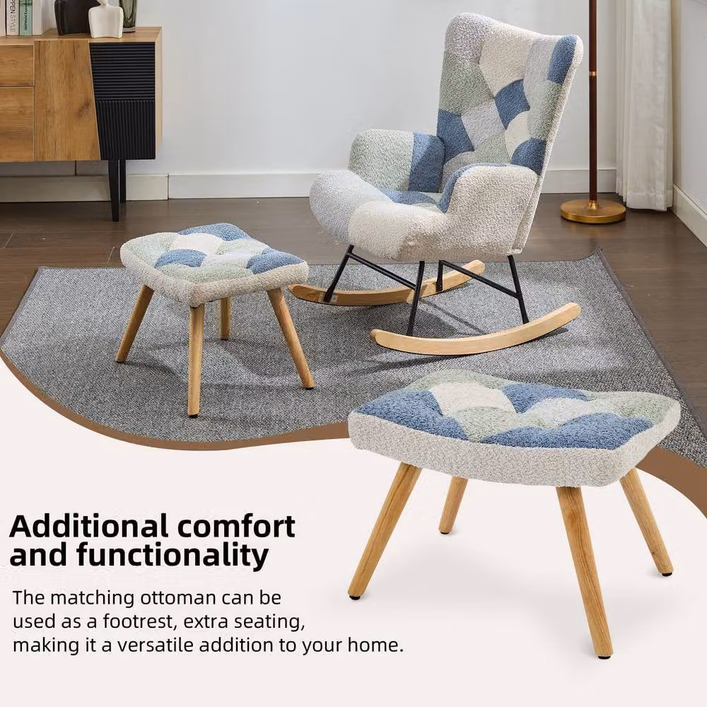 ModernLuxe Blue Fabric Rocking Chair with Integrated Ottoman and Solid Wood Legs – 2