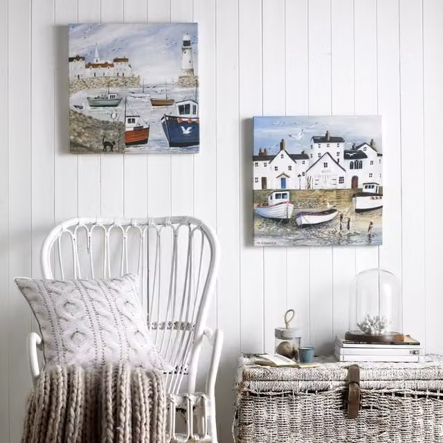 Art For the Home Harbourside Seascape Hand Painted Effect Printed Canvas in Blue and White