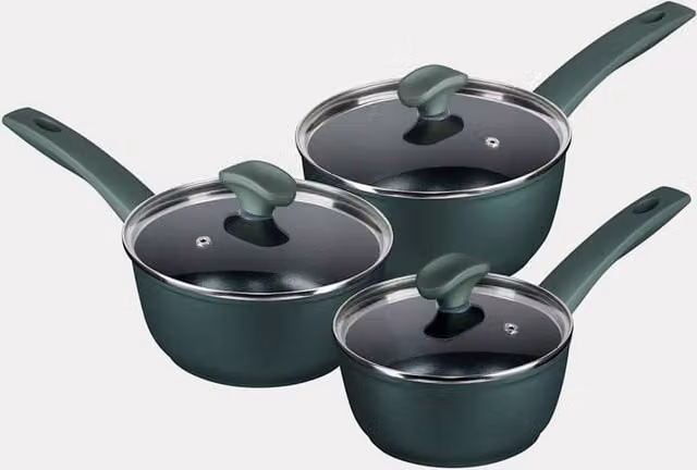 Prestige 3 Piece Non-Stick Aluminium Saucepans with Glass Lids, Dark Green