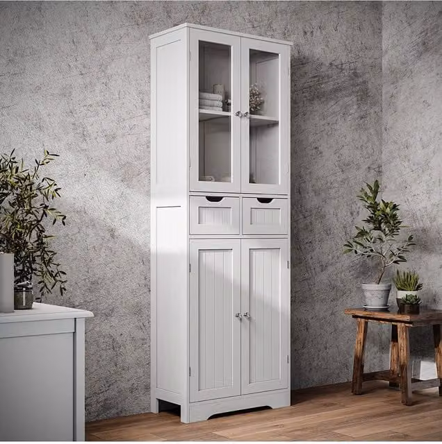 Living and Home Modern Tall Freestanding Cabinet with Glass Doors and Internal Shelves and Drawers in White Matt – 1